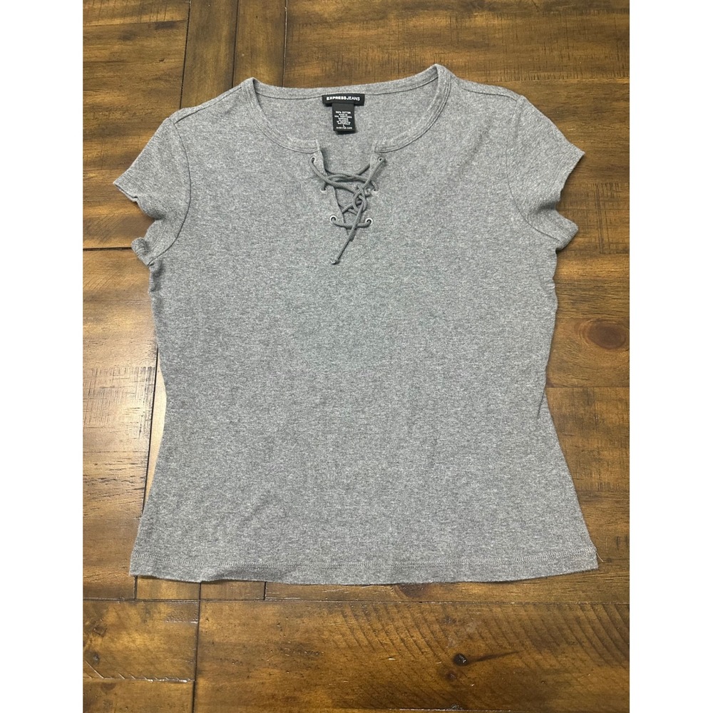 Vintage Express Jeans Gray Lace Up‎ Short Sleeve Top Cotton Heather Gray Large